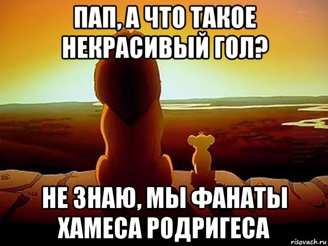 пап, а что такое некрасивый гол? не знаю, мы фанаты хамеса родригеса, Мем  король лев