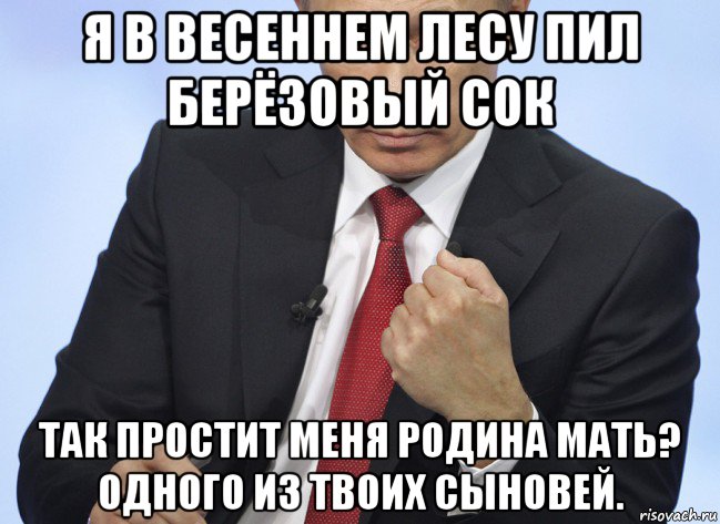 я в весеннем лесу пил берёзовый сок так простит меня родина мать? одного из твоих сыновей., Мем Путин показывает кулак