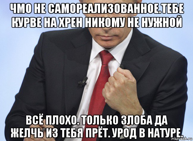 чмо не самореализованное.тебе курве на хрен никому не нужной всё плохо. только злоба да желчь из тебя прёт. урод в натуре., Мем Путин показывает кулак