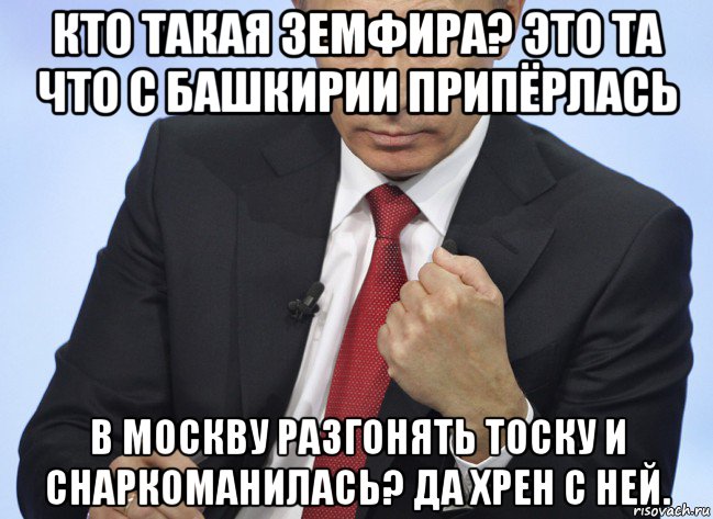 кто такая земфира? это та что с башкирии припёрлась в москву разгонять тоску и снаркоманилась? да хрен с ней., Мем Путин показывает кулак