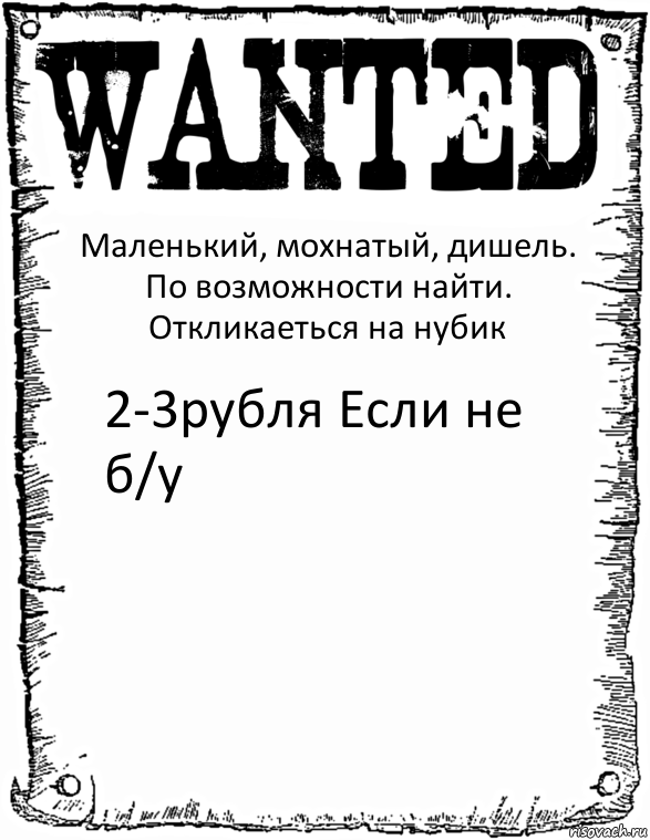 Маленький, мохнатый, дишель.
По возможности найти. Откликаеться на нубик 2-3рубля Если не б/у