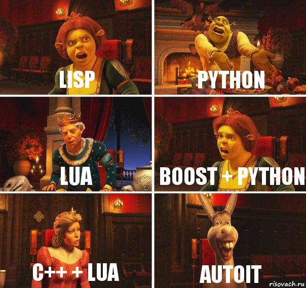 LISP PYTHON LUA BOOST + PYTHON C++ + LUA AutoIT, Комикс  Шрек Фиона Гарольд Осел