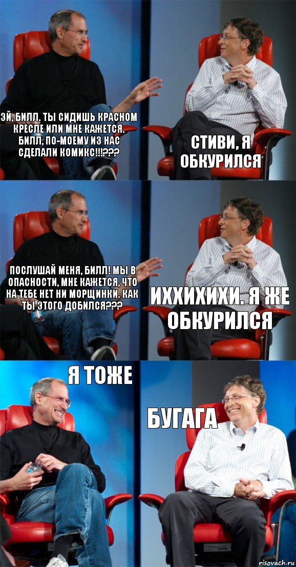 Эй, Билл. ты сидишь красном кресле или мне кажется. Билл, по-моему из нас сделали комикс!!!??? Стиви, я обкурился Послушай меня, Билл! Мы в опасности, мне кажется, что на тебе нет ни морщинки. Как ты этого добился??? Иххихихи. я же обкурился Я тоже бугага, Комикс Стив Джобс и Билл Гейтс (6 зон)