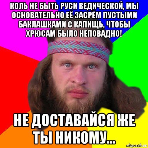 коль не быть руси ведической, мы основательно её засрём пустыми баклашками с капищь, чтобы хрюсам было неповадно! не доставайся же ты никому..., Мем Типичный долбослав