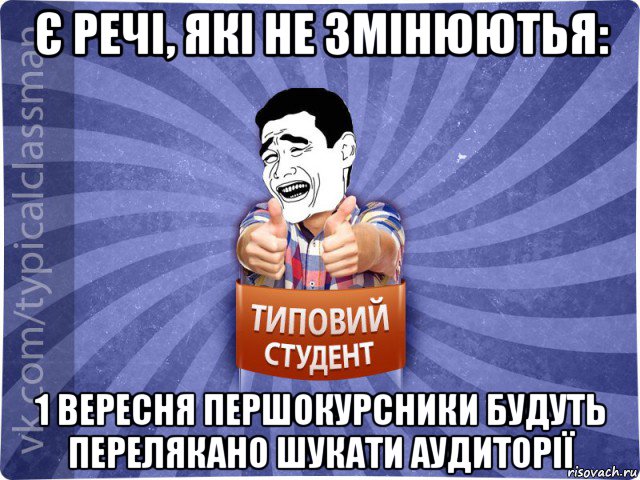 є речі, які не змінюютья: 1 вересня першокурсники будуть перелякано шукати аудиторії, Мем Типовий студент