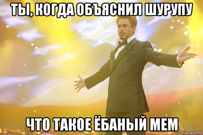 ты, когда объяснил шурупу что такое ёбаный мем, Мем Тони Старк (Роберт Дауни младший)