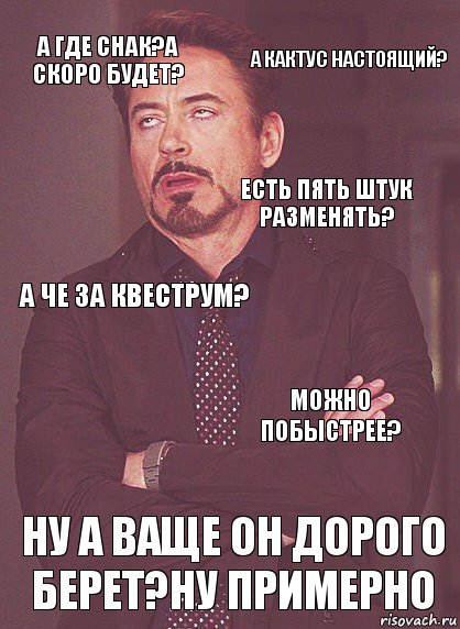 а где снак?а скоро будет? а че за квеструм? есть пять штук разменять? а че за квеструм? ну а ваще он дорого берет?ну примерно можно побыстрее? а кактус настоящий?