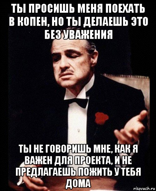 ты просишь меня поехать в копен, но ты делаешь это без уважения ты не говоришь мне, как я важен для проекта, и не предлагаешь пожить у тебя дома, Мем ты делаешь это без уважения