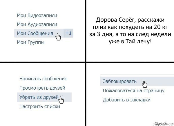 Дорова Серёг, расскажи плиз как похудеть на 20 кг за 3 дня, а то на след недели уже в Тай лечу!, Комикс  Удалить из друзей