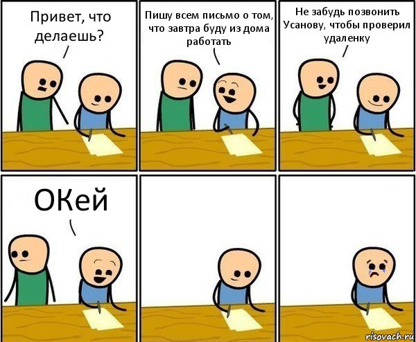 Привет, что делаешь? Пишу всем письмо о том, что завтра буду из дома работать Не забудь позвонить Усанову, чтобы проверил удаленку ОКей, Комикс Вычеркни меня