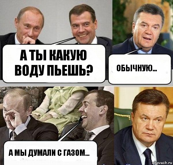 А ты какую воду пьешь? Обычную... А мы думали с газом..., Комикс  Разговор Януковича с Путиным и Медведевым