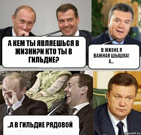 А кем ты являешься в жизни?И кто ты в гильдие? В жизне я важная шышка! А... ..А в гильдие рядовой, Комикс  Разговор Януковича с Путиным и Медведевым