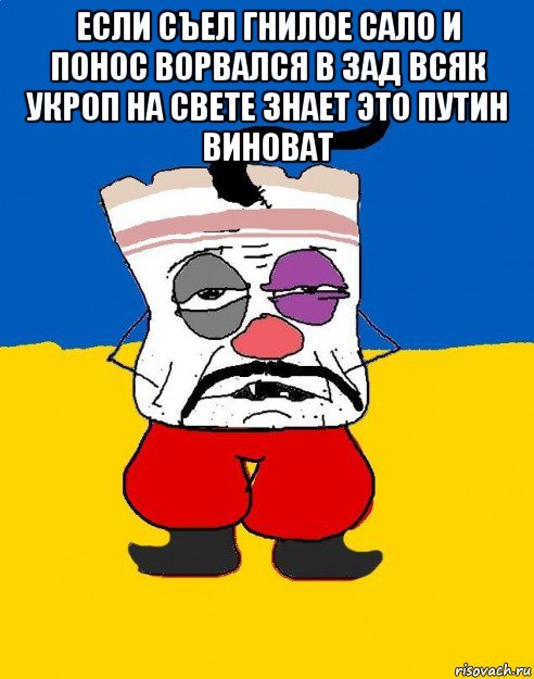 если съел гнилое сало и понос ворвался в зад всяк укроп на свете знает это путин виноват , Мем Западенец - тухлое сало