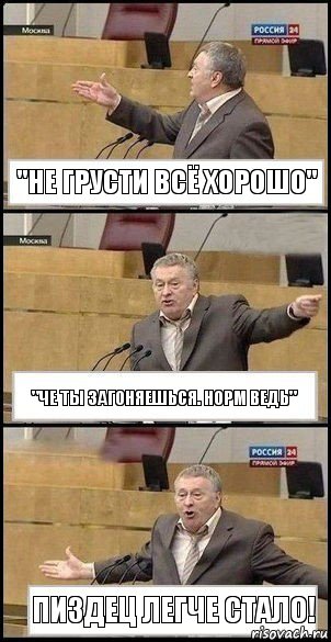 "не грусти всё хорошо" "че ты загоняешься. норм ведь" Пиздец легче стало!, Комикс Жириновский разводит руками 3