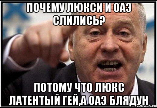 почему люкси и оаэ слились? потому что люкс латентый гей,а оаэ блядун, Мем жириновский ты