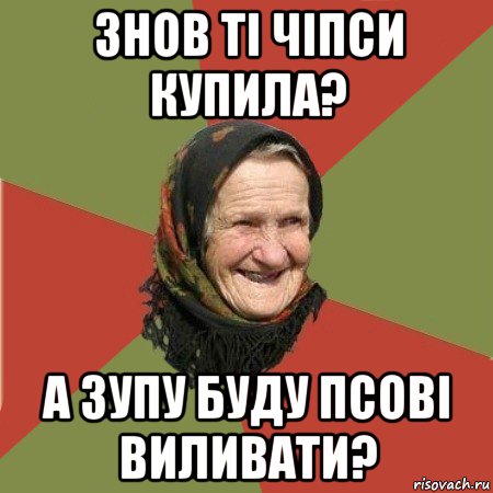 знов ті чіпси купила? а зупу буду псові виливати?, Мем  Бабушка