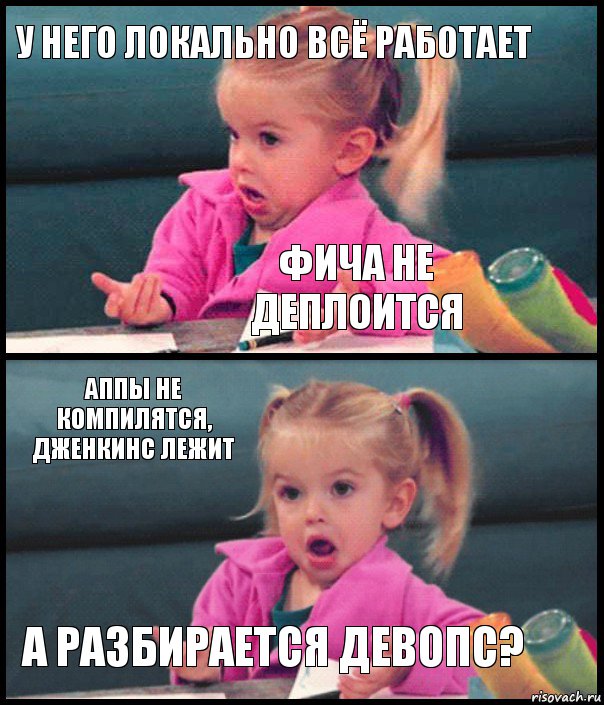 У него локально всё работает Фича не деплоится Аппы не компилятся, Дженкинс лежит А разбирается девопс?, Комикс  Возмущающаяся девочка