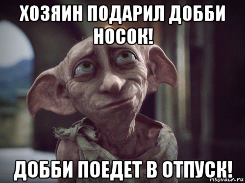 хозяин подарил добби носок! добби поедет в отпуск!, Мем    Добби свободен