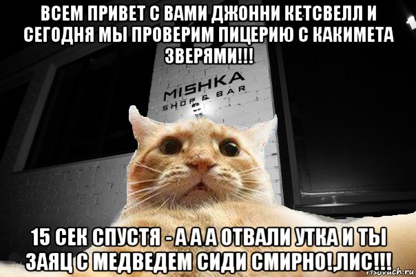 всем привет с вами джонни кетсвелл и сегодня мы проверим пицерию с какимета зверями!!! 15 сек спустя - a a a отвали утка и ты заяц с медведем сиди смирно!,лис!!!, Мем   Джонни Кэтсвилл