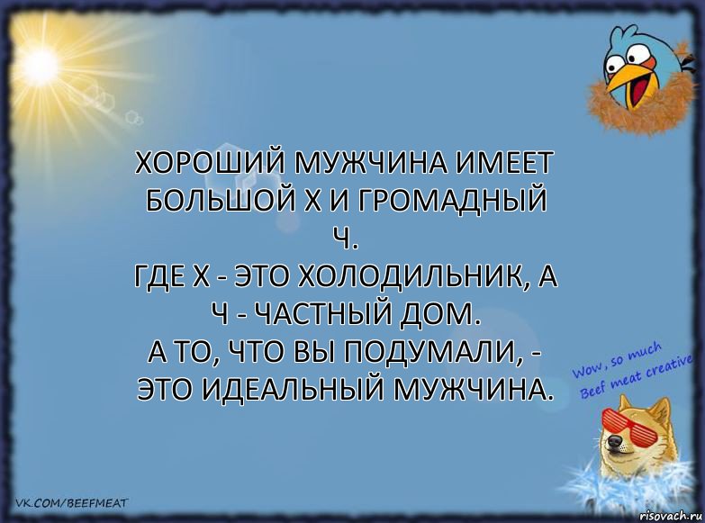 хороший мужчина имеет большой Х и громадный Ч.
Где Х - это холодильник, а Ч - частный дом.
А то, что Вы подумали, - это идеальный мужчина., Комикс ФОН