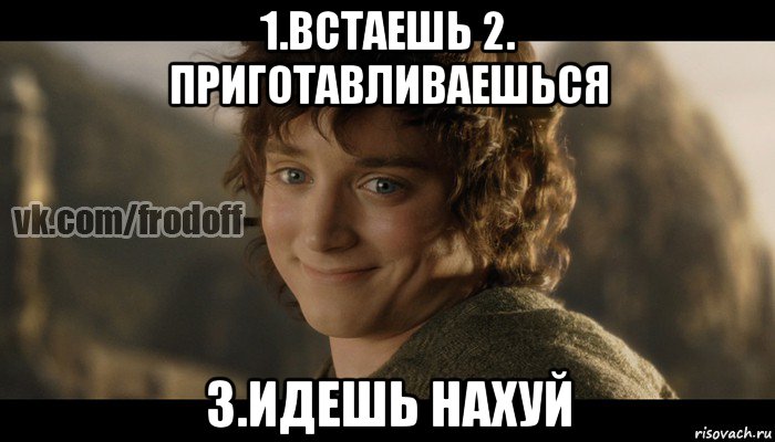 1.встаешь 2. приготавливаешься 3.идешь нахуй, Мем  Фродо