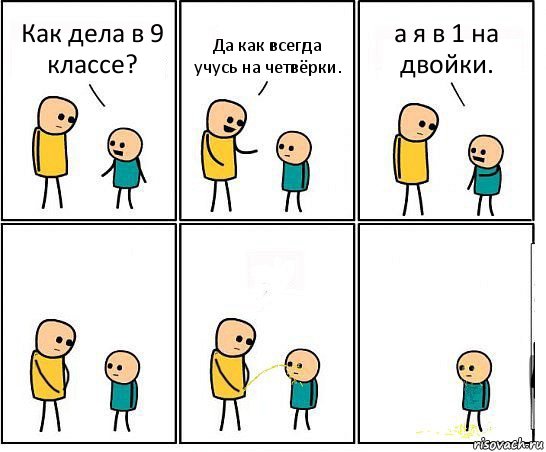 Как дела в 9 классе? Да как всегда учусь на четвёрки. а я в 1 на двойки.