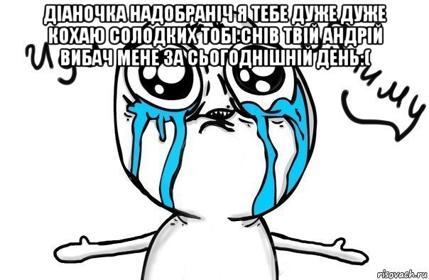 діаночка надобраніч я тебе дуже дуже кохаю солодких тобі снів твій андрій вибач мене за сьогоднішній день:( , Мем Иди обниму