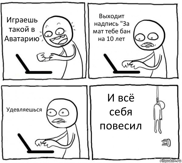 Играешь такой в Аватарию Выходит надпись "За мат тебе бан на 10 лет Удевляешься И всё себя повесил, Комикс интернет убивает