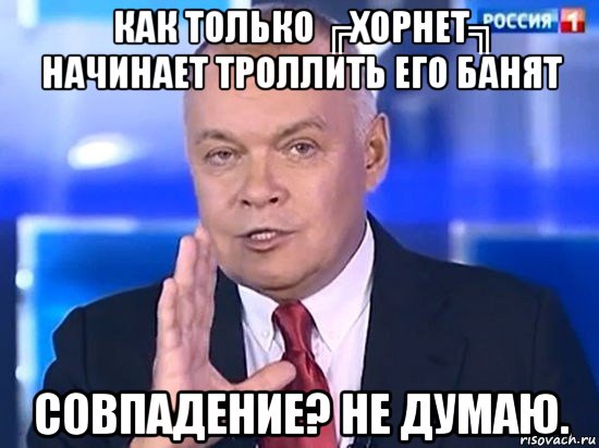 как только ╔хорнет╗ начинает троллить его банят совпадение? не думаю., Мем Киселёв 2014