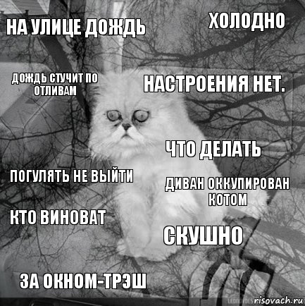 на улице дождь Диван оккупирован котом настроения нет. за окном-трэш Погулять не выйти Холодно скушно Дождь стучит по отливам кто виноват Что делать, Комикс  кот безысходность