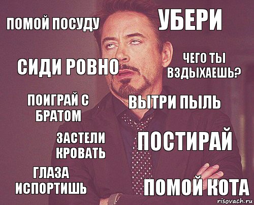 помой посуду убери поиграй с братом глаза испортишь постирай вытри пыль застели кровать помой кота сиди ровно чего ты вздыхаешь?, Комикс мое лицо