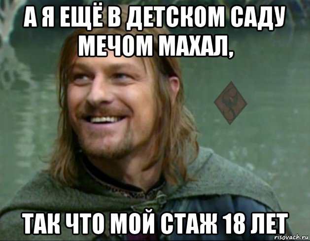 а я ещё в детском саду мечом махал, так что мой стаж 18 лет, Мем ОР Тролль Боромир