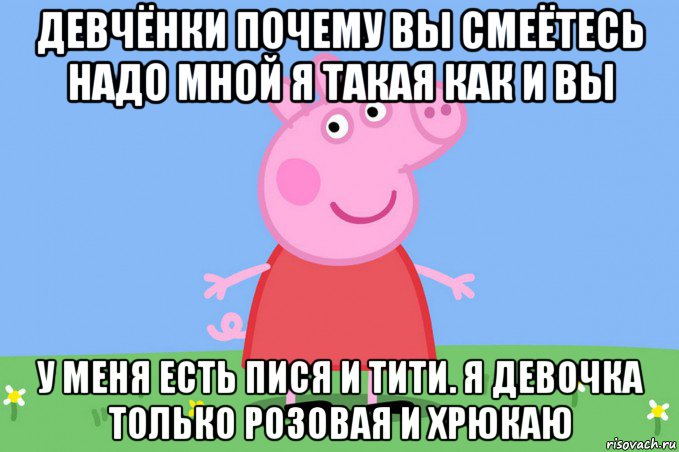 девчёнки почему вы смеётесь надо мной я такая как и вы у меня есть пися и тити. я девочка только розовая и хрюкаю, Мем Пеппа