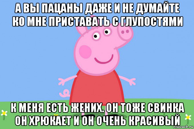 а вы пацаны даже и не думайте ко мне приставать с глупостями к меня есть жених. он тоже свинка он хрюкает и он очень красивый, Мем Пеппа