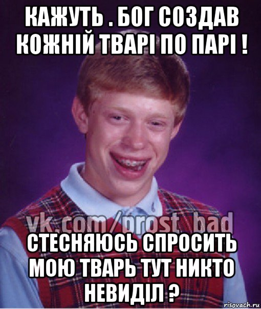 кажуть . бог создав кожній тварі по парі ! стесняюсь спросить мою тварь тут никто невиділ ?, Мем Прост Неудачник