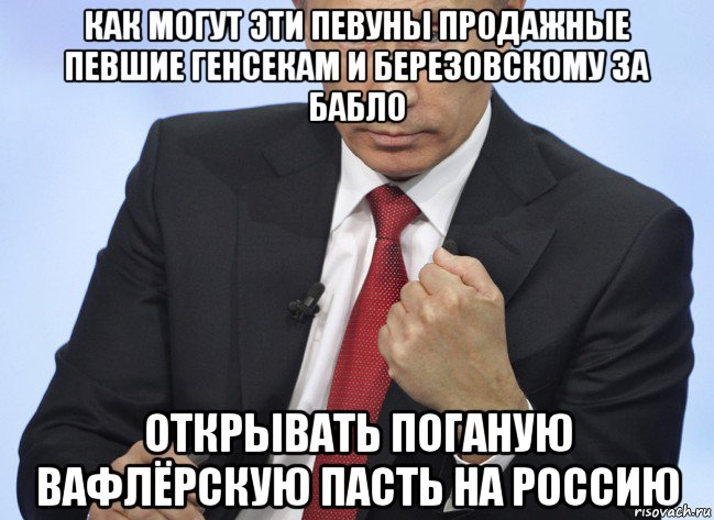 как могут эти певуны продажные певшие генсекам и березовскому за бабло открывать поганую вафлёрскую пасть на россию, Мем Путин показывает кулак