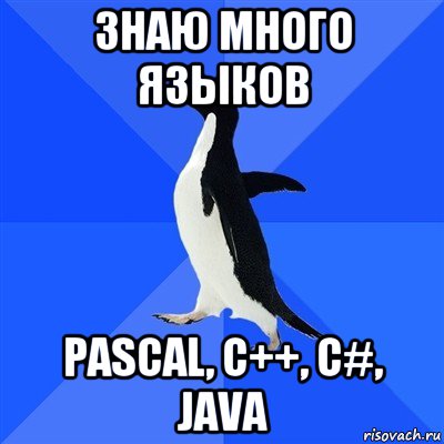 знаю много языков pascal, c++, c#, java, Мем  Социально-неуклюжий пингвин