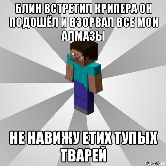 блин встретил крипера он подошёл и взорвал все мои алмазы не навижу етих тупых тварей, Мем Типичный игрок Minecraft