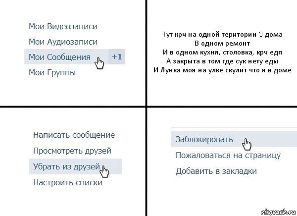 Тут крч на одной територии 3 дома
В одном ремонт
И в одном кухня, столовка, крч едп
А закрыта в том где сук нету еды
И Лунка моя на улке скулит что я в доме, Комикс  Удалить из друзей