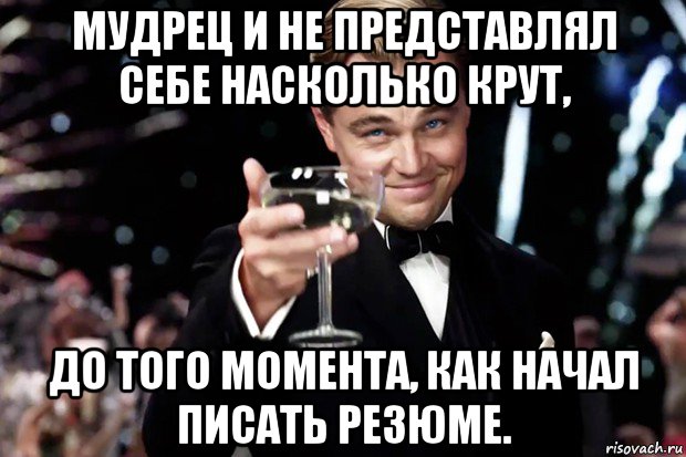 мудрец и не представлял себе насколько крут, до того момента, как начал писать резюме., Мем Великий Гэтсби (бокал за тех)