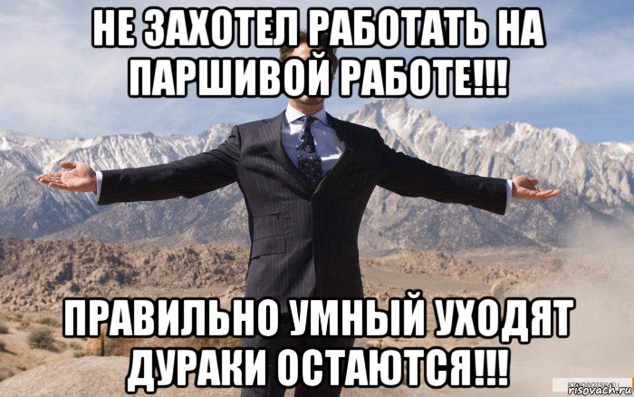 не захотел работать на паршивой работе!!! правильно умный уходят дураки остаются!!!, Мем железный человек