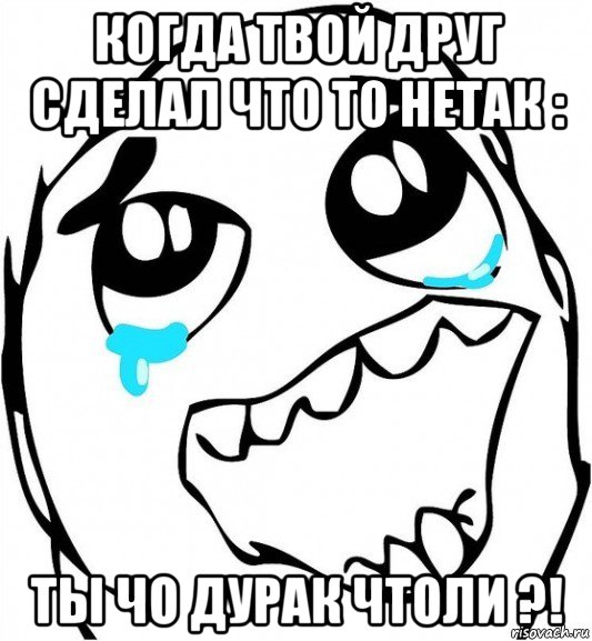 когда твой друг сделал что то нетак : ты чо дурак чтоли ?!, Мем  Плачет от радости