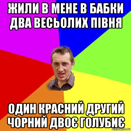 жили в мене в бабки два весьолих півня один красний другий чорний двоє голубиє