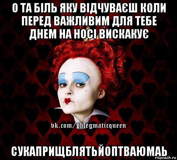 о та біль яку відчуваєш коли перед важливим для тебе днем на носі вискакує сукаприщблятьйоптваюмаь, Мем ФлегматичнА КоролевА ФаК