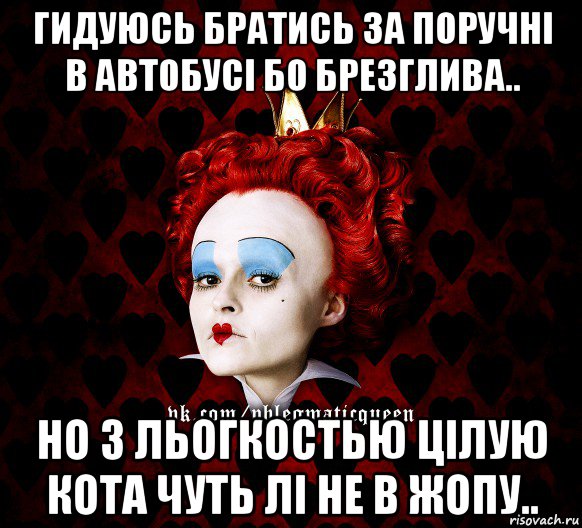 гидуюсь братись за поручні в автобусі бо брезглива.. но з льогкостью цілую кота чуть лі не в жопу.., Мем ФлегматичнА КоролевА ФаК