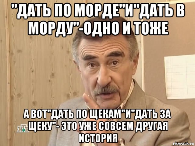 "дать по морде"и"дать в морду"-одно и тоже а вот"дать по щекам"и"дать за щеку"- это уже совсем другая история, Мем Каневский (Но это уже совсем другая история)