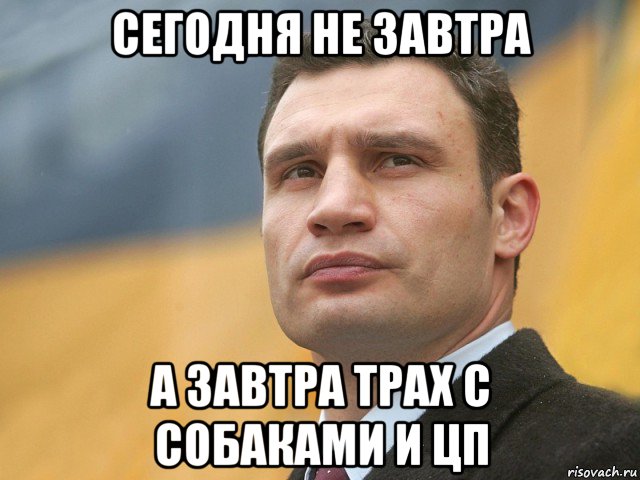 сегодня не завтра а завтра трах с собаками и цп, Мем Кличко на фоне флага