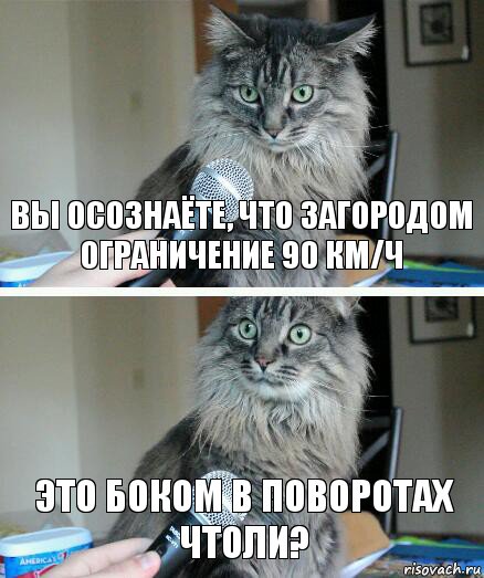 Вы осознаёте, что загородом ограничение 90 км/ч Это боком в поворотах чтоли?, Комикс  кот с микрофоном