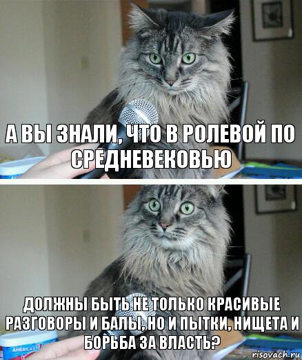 а вы знали, что в ролевой по средневековью должны быть не только красивые разговоры и балы, но и пытки, нищета и борьба за власть?, Комикс  кот с микрофоном