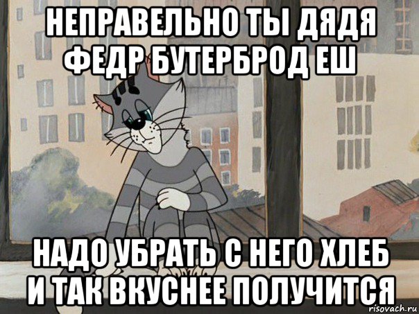 неправельно ты дядя федр бутерброд еш надо убрать с него хлеб и так вкуснее получится, Мем Матроскин